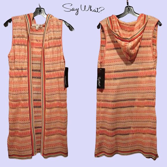 SAY WHAT? NEW Bohemian Striped Open Knit Mid-Length Hoodie Vest S - Picture 1 of 10
